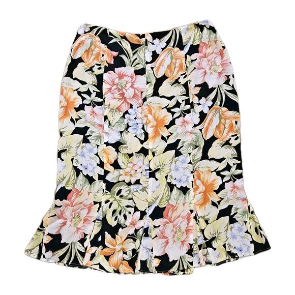 Vtg Talbots Pure Silk Midi Skirt Womens 6 Black Multicolor Ruffle Fairycore Boho - Picture 1 of 9